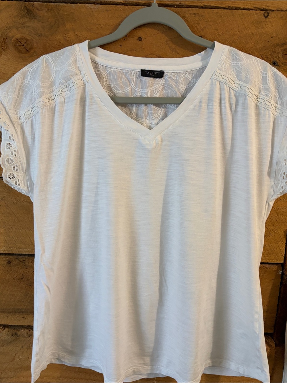 Talbots White V-Neck Tee with Lace Cap Sleeves